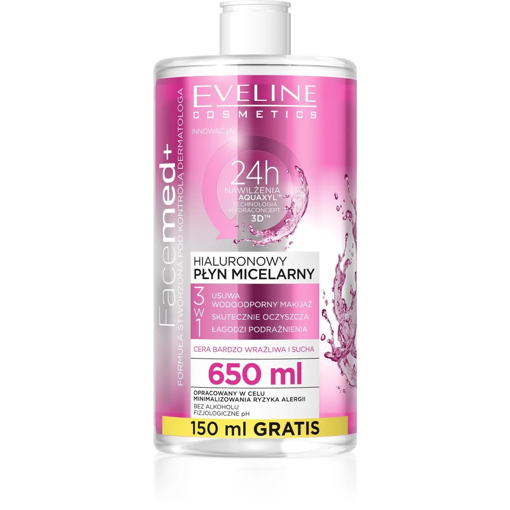 Eveline Facemed+ Hyaluronic Micellar Liquid 3in1 - labai jautriai ir sausai odai 650ml - Kosmetika