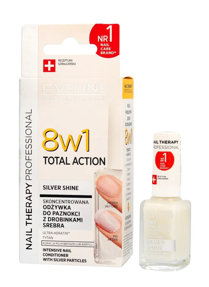 Eveline Nail Therapy 8in1 Total Action Silver Shine Nagų lako gydymas 12ml - Kosmetika