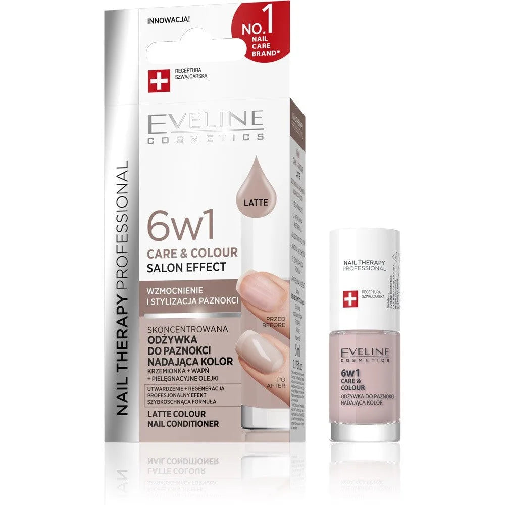 EVELINE Nail Therapy Professional Nagų Lakas kuris suteikia spalvą Priežiūra ir Spalva 6in1 - Latte 5 ml - Kosmetika