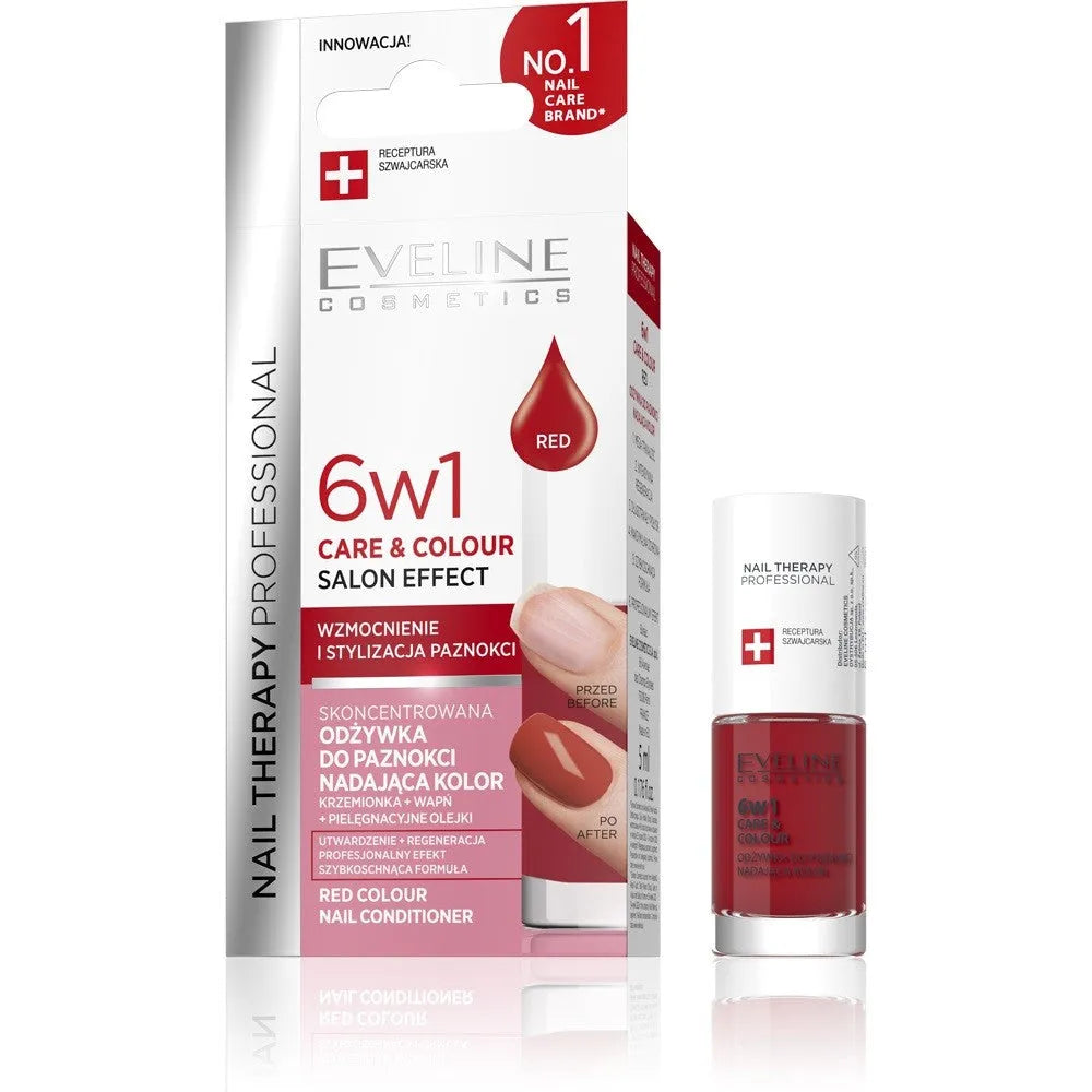 EVELINE Nail Therapy Professional Nagų Lakas kuris suteikia spalvą Priežiūra ir Spalva 6in1 - Raudona 5 ml - Kosmetika