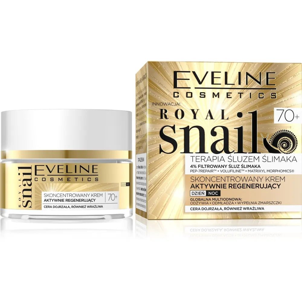 Eveline Royal Snail 70+ Koncentruota Kremas aktyviai regeneruojantis dienai ir nakčiai 50ml - Kosmetika