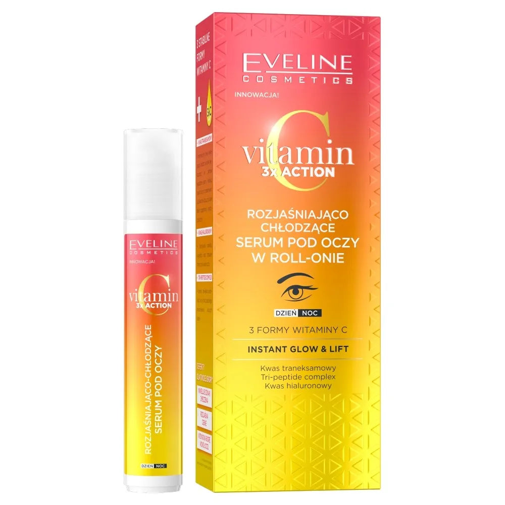 EVELINE Vitamin C 3xAction Šviesinantis ir Aušinantis Akių Serumas su ritinėliu 15ml - Kosmetika
