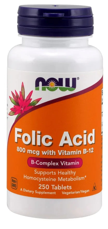 Folic Acid with Vitamin B12 800mcg - 250 tabs - NOW Foods - Papildai