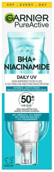 GARNIER Pure Active Fluid prieš trūkumus BHA + Niacinamide Kasdienis UV SPF50+ 40ml - Kosmetika