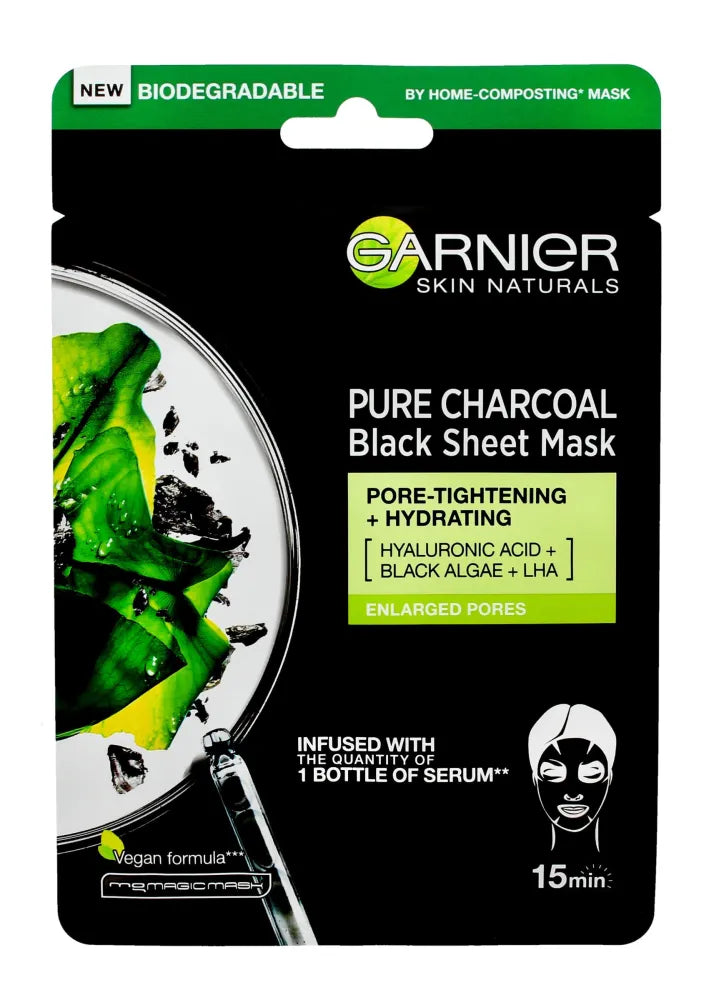 Garnier Skin Naturals Pure Charcoal Black Tissue Sheet Mask - Juodasis Dumbliai 28g - Kosmetika