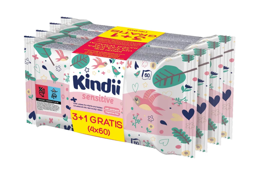 Kindi Sensitive drėgnos servetėlės kūdikiams ir vaikams - TRIO 1 pakelis - 3x60 vnt. - Kosmetika