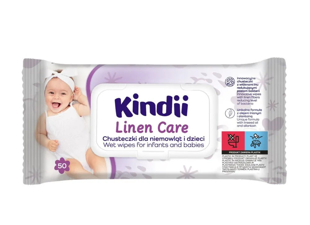 KINDII kūdikių ir vaikų drėgnos servetėlės priežiūrai - 1 pakuotė - 50 vnt. - Kosmetika