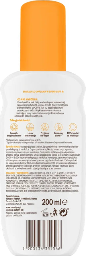 KOLASTYNA Protection and Moisture Sunscreen Emulsion Spray SPF15+ 200 ml - Kosmetika