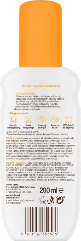 KOLASTYNA Protection and Moisture Sunscreen Emulsion Spray SPF15+ 200 ml - Kosmetika