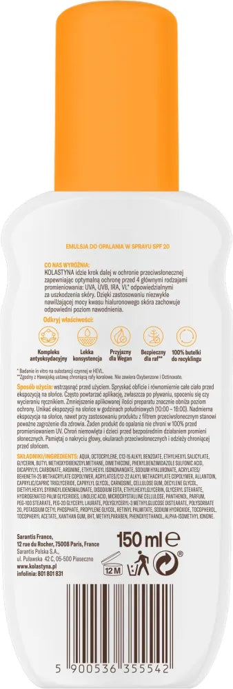 KOLASTYNA Protection and moisturizing Spray sunscreen emulsion SPF20 150 ml - Kosmetika