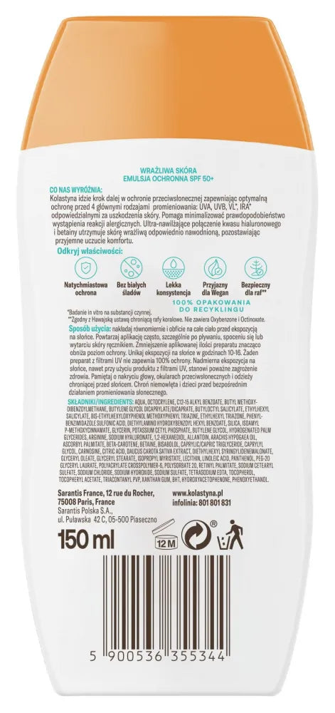 KOLASTYNA Sensitive skin protective emulsion SPF50+ 150 ml - Kosmetika