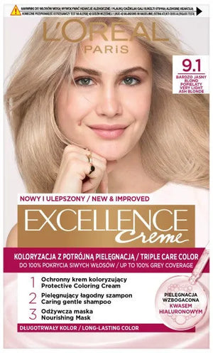 LOREAL Excellence Creme Plaukų dažai 9.1 Labai šviesus pelenų šviesiaplaukis - Kosmetika