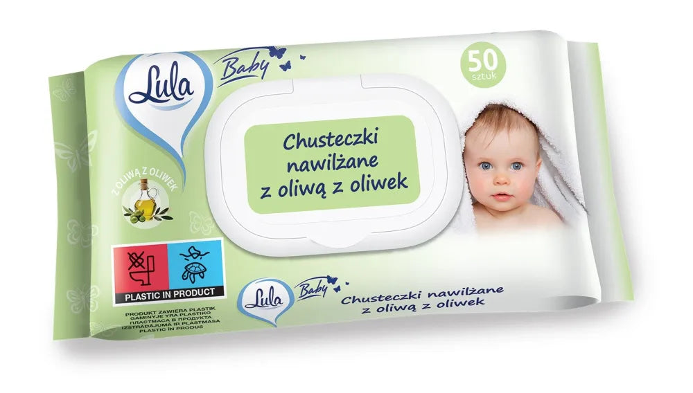 LULA Baby drėgnos servetėlės kūdikiams ir vaikams - su alyvuogių aliejumi 1 pakuotė - 50 vnt. - Kosmetika
