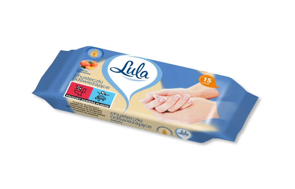 LULA Gaivūs servetėlės švelnios su vitaminu E persikų kvapu 15 vnt. - Kosmetika