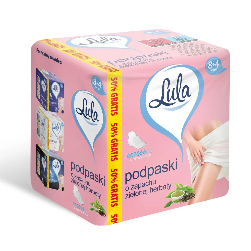 LULA Žaliosios arbatos kvapo higieniniai įklotai - super sugeriantys 1 pakuotė - 12 vnt (8 + 4 nemokamai) - Kosmetika