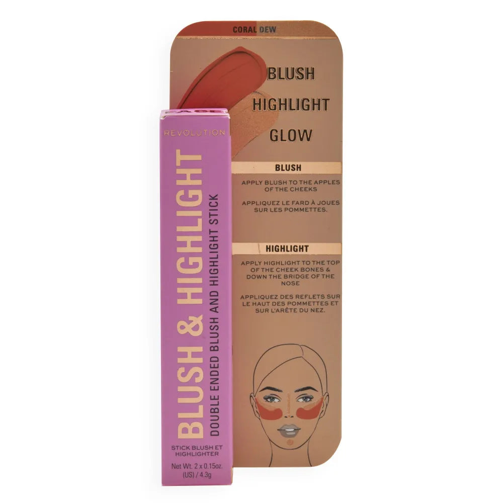 Makeup Revolution Blush & Highlight Stick Skaistalai ir Highlighter - Koralo Rasa 4.3g - Kosmetika