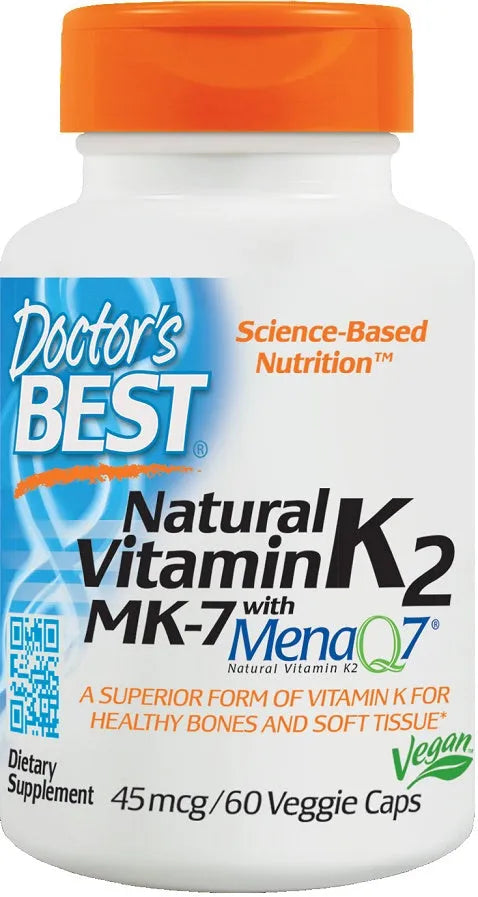 Natural Vitamin K2 MK7 with MenaQ7 45mcg - 60 vcaps - Doctor’s Best - Papildai