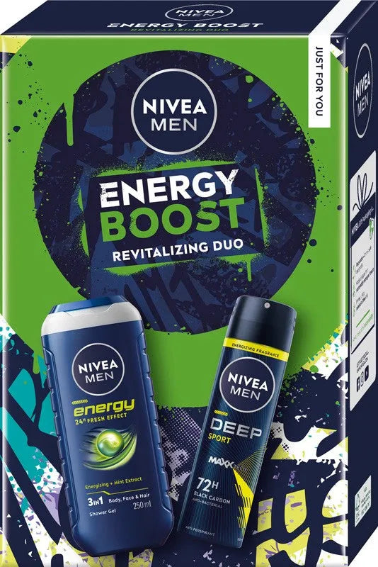 NIVEA Men’s Energy Boost Gift Set (150 ml Antiperspirant Spray + 250 Shower Gel) - Kosmetika