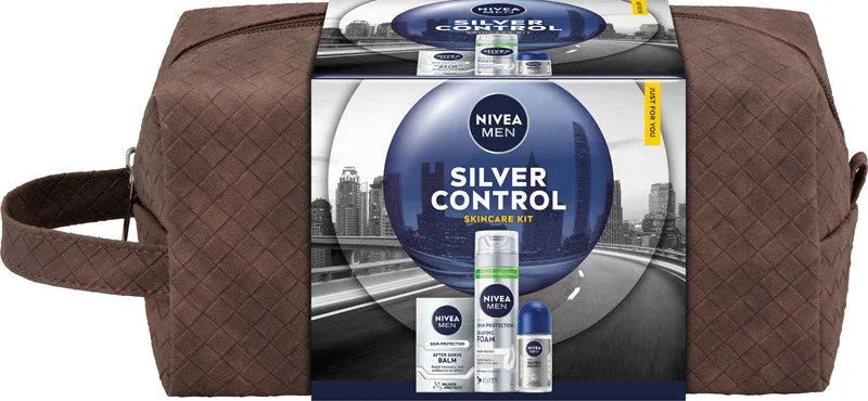 NIVEA Men’s Silver Control Gift Set (100 ml aftershave balm + 50 roll-on antiperspirant + 200 shaving foam + cosmetic