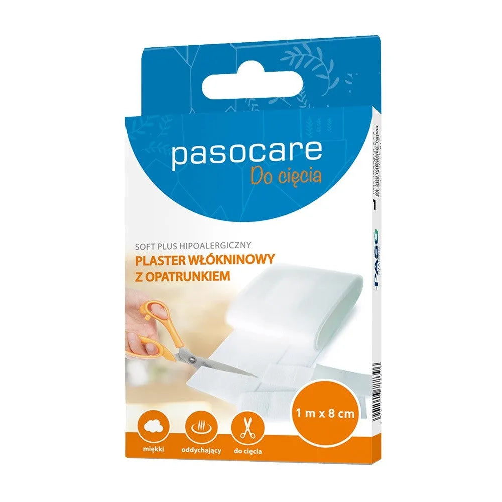 PASOCARE Soft Plus Hipoalerginis neaustinis pleistras su tvarsčiu - pjovimas 1m x 8cm - Medicinos ir slaugos prekės