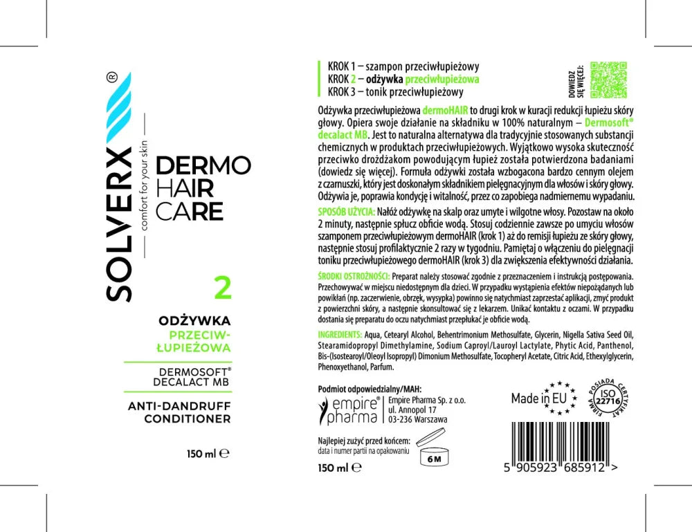 SOLVERX Dermo Hair Anti-dandruff Conditioner 150 ml. - Kosmetika