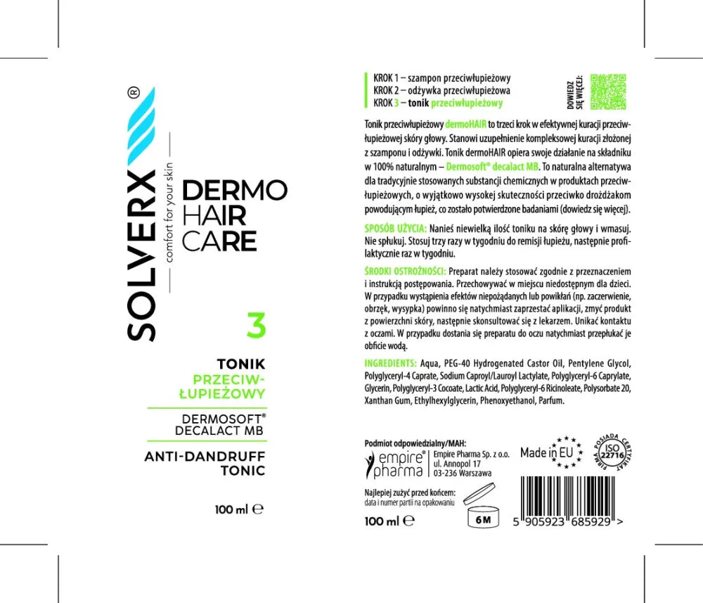 SOLVERX Dermo Hair anti-dandruff tonic 100ml - Kosmetika