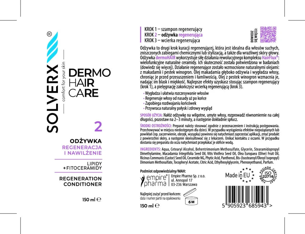 SOLVERX Dermo Hair Conditioner Regeneration and Hydration 150 ml. - Kosmetika