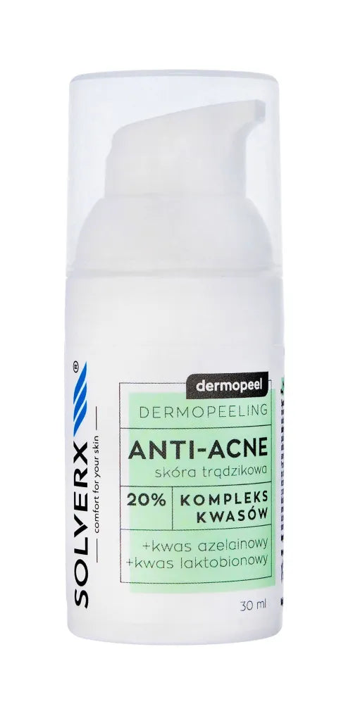 SOLVERX Dermopeel Dermopeeling Anti-Acne - Rūgščių kompleksas 20% (azelaino laktobioninio) 30ml - Kosmetika