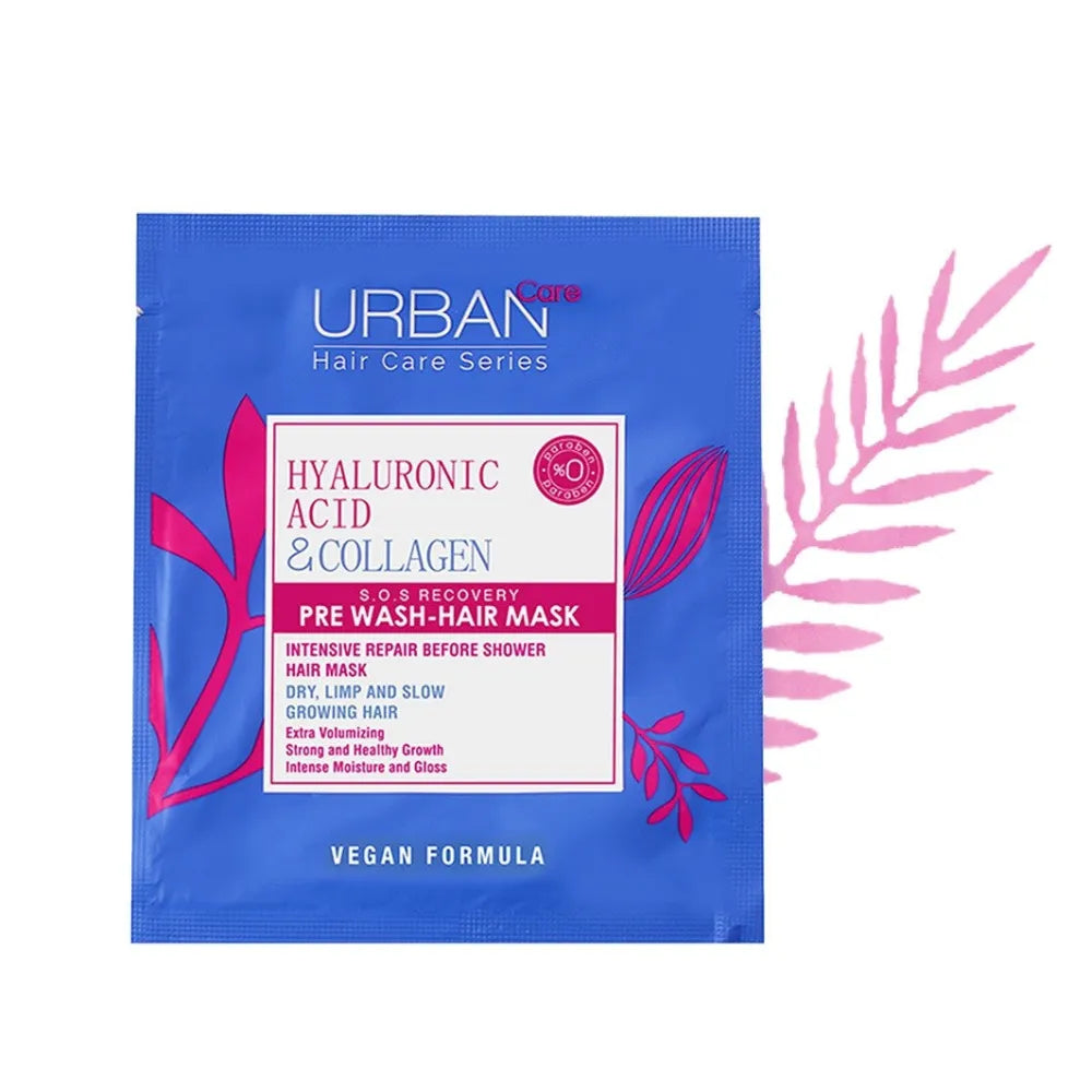 URBAN CARE Hyaluronic Acid & Collagen Priešplovimo kaukė be gyvybės silpniems ir pažeistiems plaukams 50ml - Kosmetika