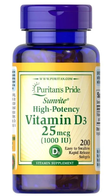 Vitamin D3 1000IU - 200 softgels - Puritan’s Pride - Papildai