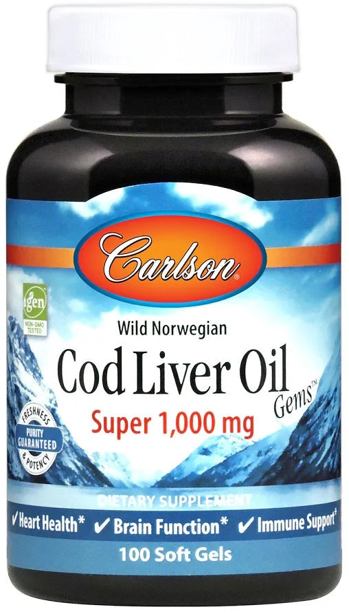 Wild Norwegian Cod Liver Oil Gems 1000mg - 100 softgels - Carlson Labs - Papildai