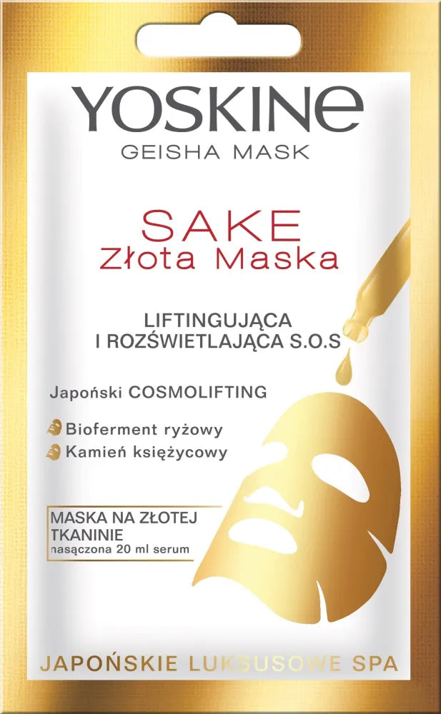 Yoskine Geisha Mask Sake Gold ant audinio pakeliantis ir apšviečiantis S.O.S. 20 ml - Kosmetika