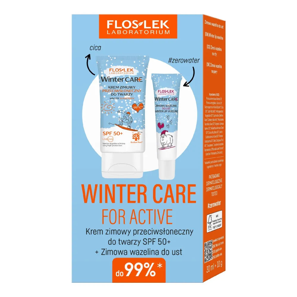žieminė priežiūra aktyviems (žieminis saulės kremas veidui spf 50+ 30 ml + žieminis lūpų balzamas 10 g) - Kosmetika